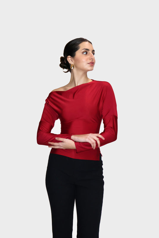 Red One-Shoulder Full Sleeve Top - Oak Top (Cherry)