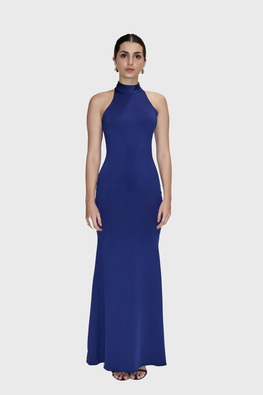 Blue Long Halter Neck Maxi Dress - Ether Dress (Navy)