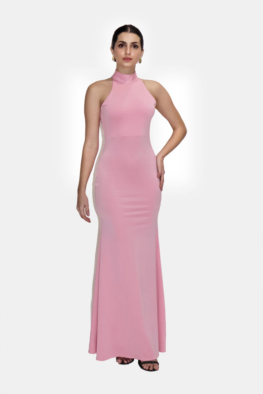 Pink Long Halter Neck Maxi Dress - Ether Dress (Flamingo)